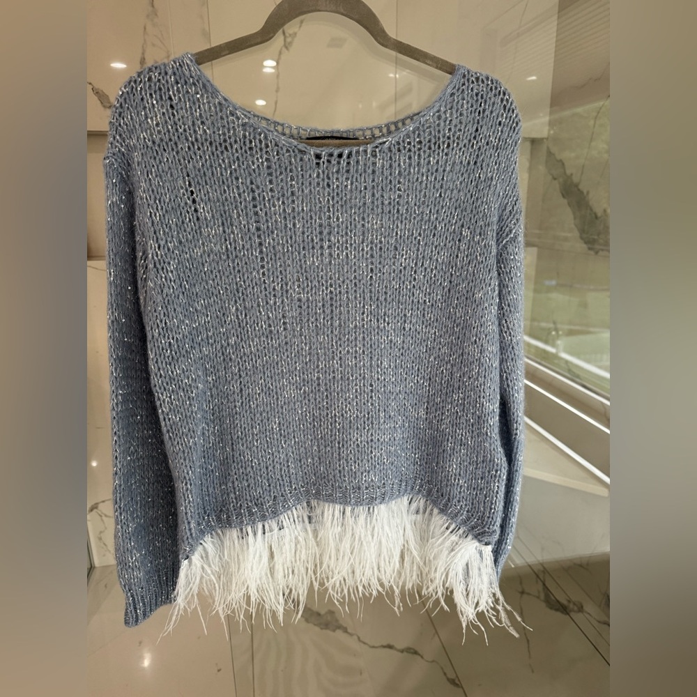 Guess Light Blue Sparkle Feather Knit Sweater